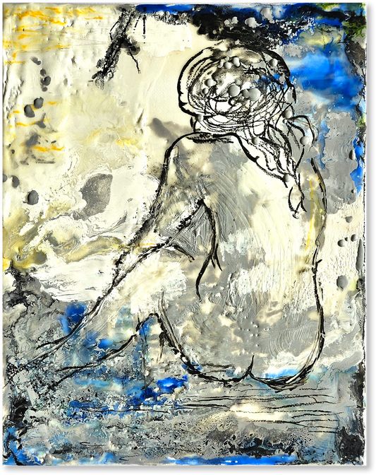 Abstract artwork of a nude figure with a blue and gray background
