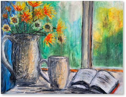 Painting of a vase with flowers, a cup, and an open book on a table.