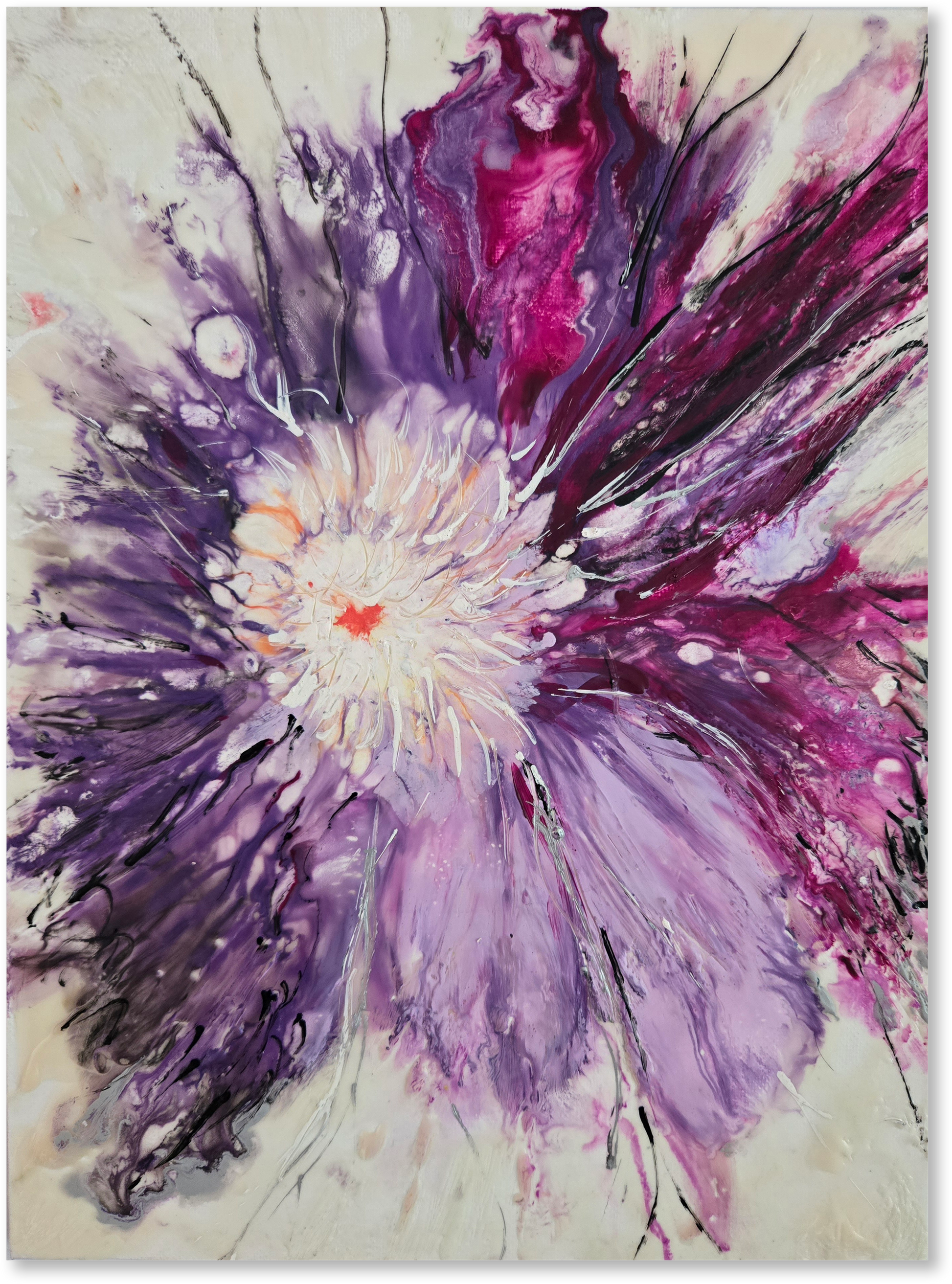 Abstract painting of a flower with purple and pink hues on a light background