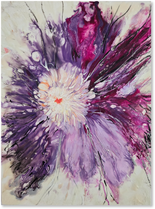 Abstract painting of a flower with purple and pink hues on a light background