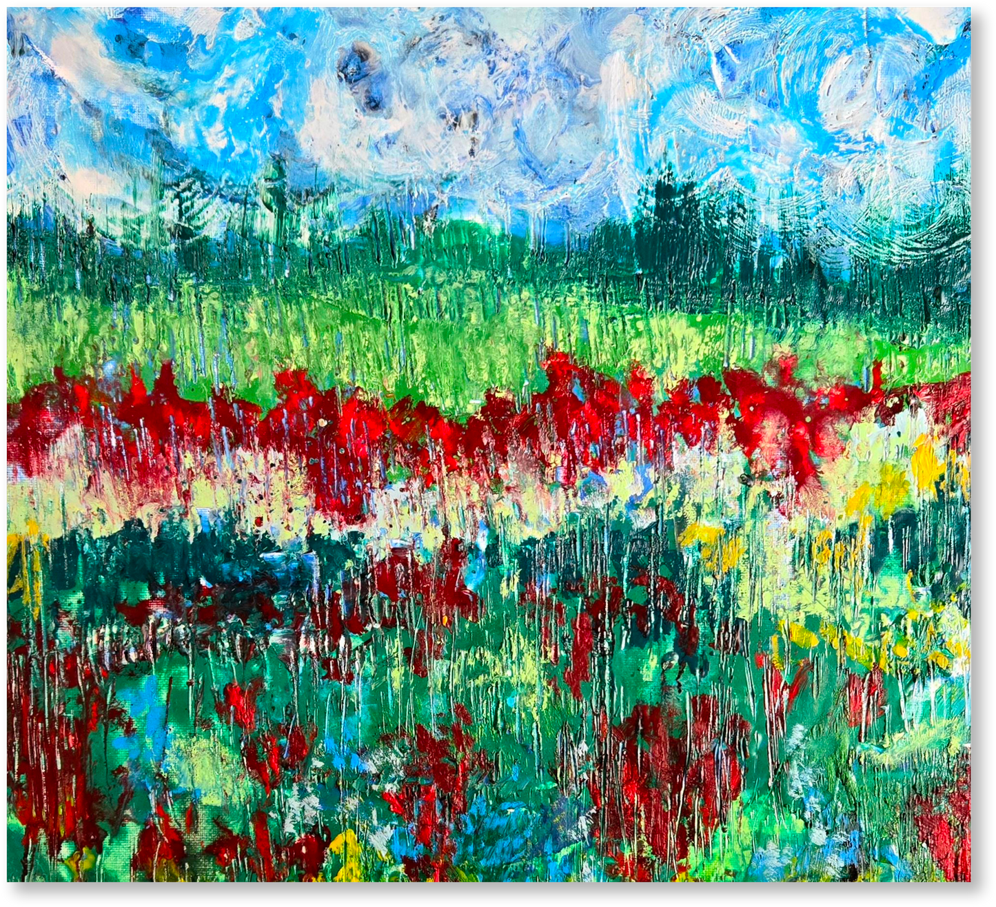 Abstract painting of a field with red flowers and a blue sky.