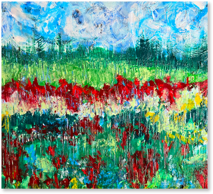 Abstract painting of a field with red flowers and a blue sky.