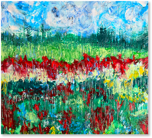 Abstract painting of a field with red flowers and a blue sky.