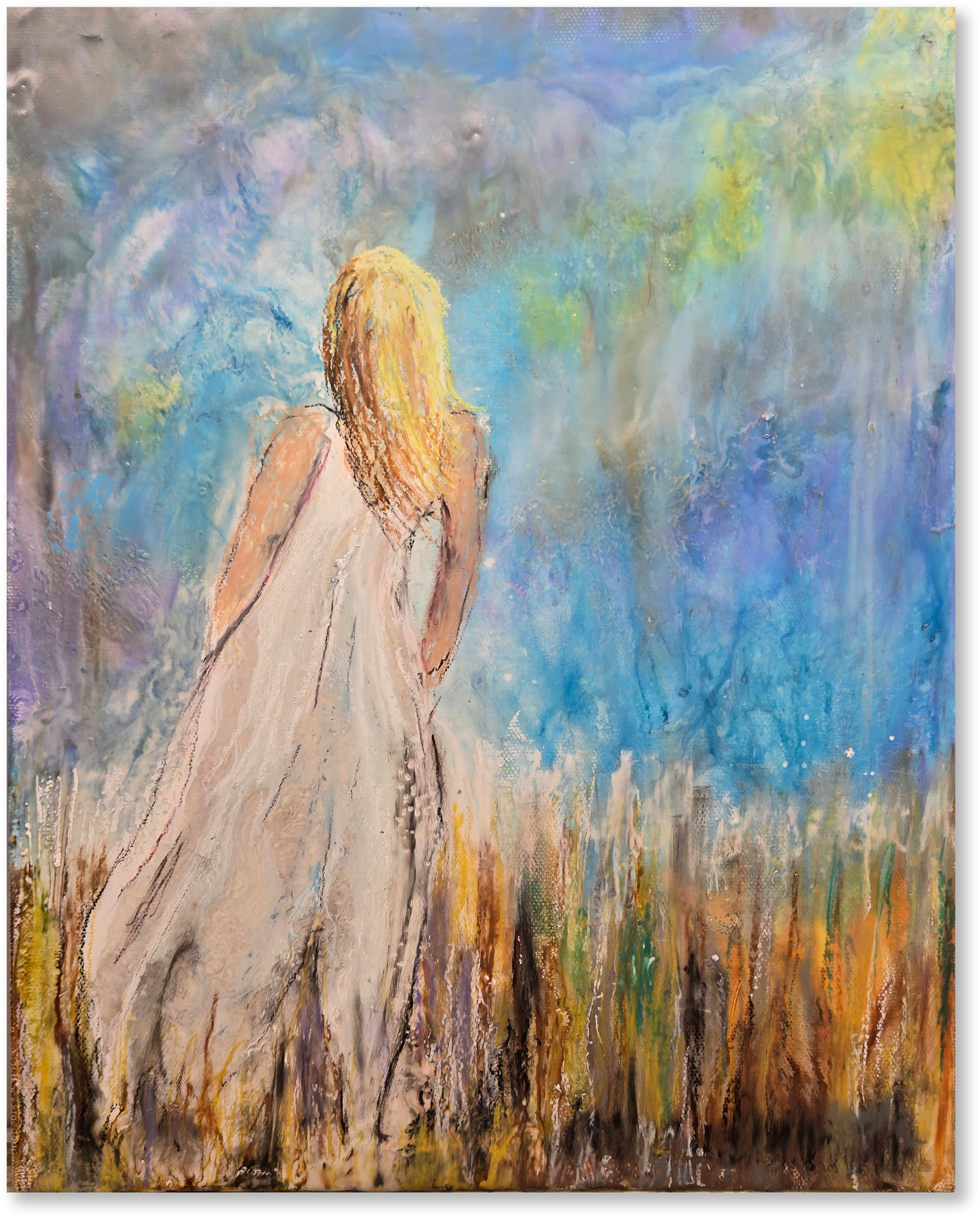 Artistic depiction of a woman with blonde hair and a white dress standing in a field with a colorful sky.