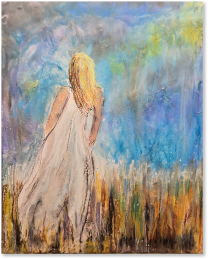 Artistic depiction of a woman with blonde hair and a white dress standing in a field with a colorful sky.