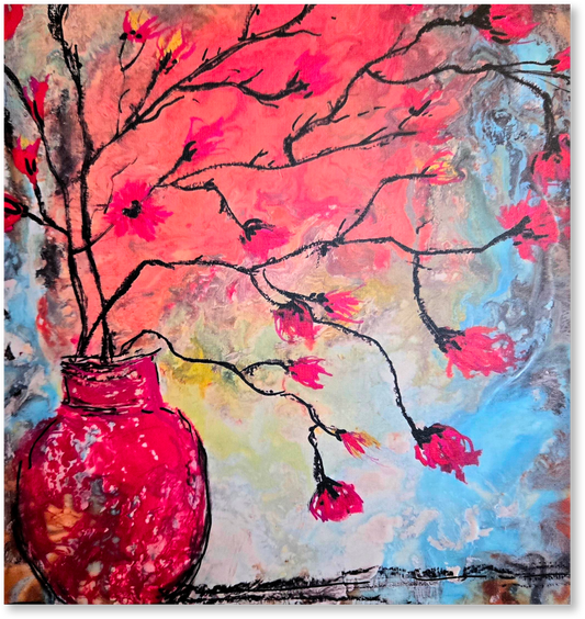 Artistic depiction of a red vase with pink flowers against a multicolored background