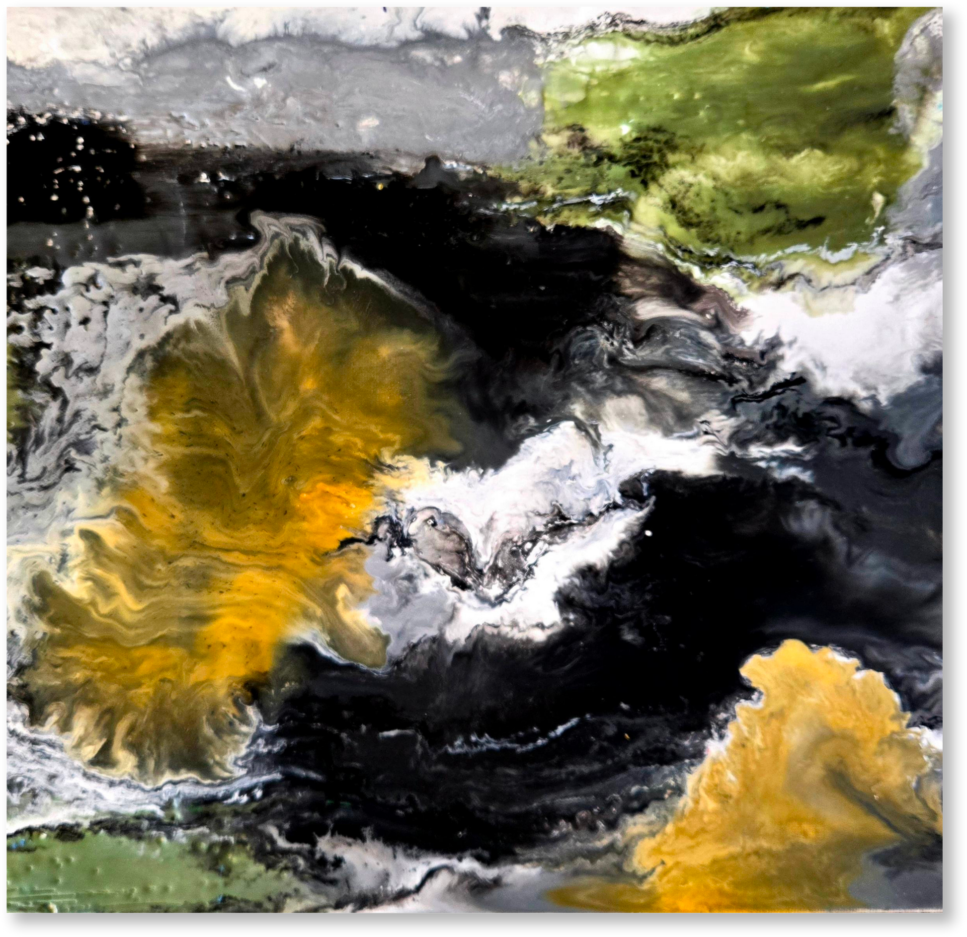 Abstract art with swirling colors of yellow, black, and white.