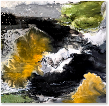 Abstract art with swirling colors of yellow, black, and white.