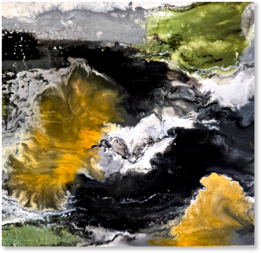 Abstract art with swirling colors of yellow, black, and white.