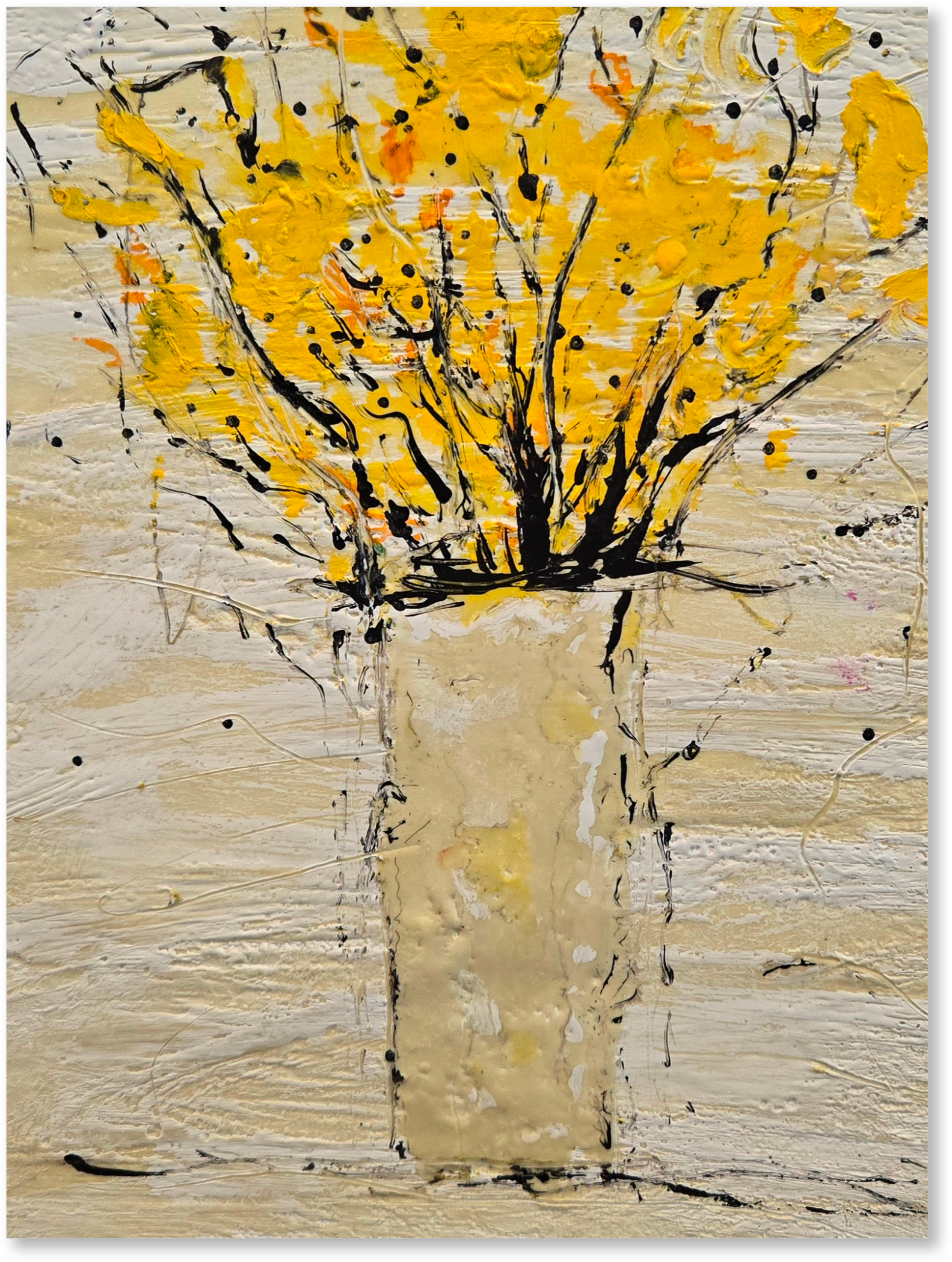 Abstract art piece with yellow flowers and black accents on a textured beige background