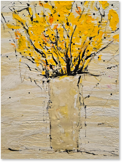 Abstract art piece with yellow flowers and black accents on a textured beige background
