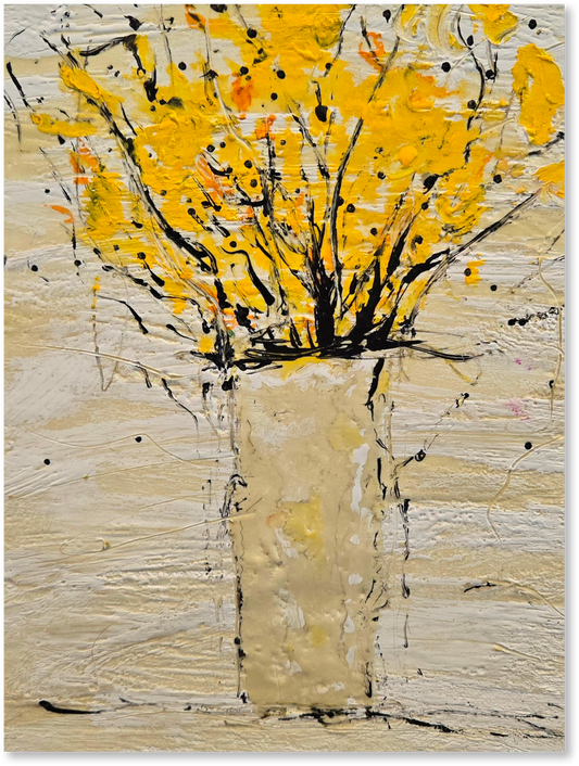 Abstract art piece with yellow flowers and black accents on a textured beige background