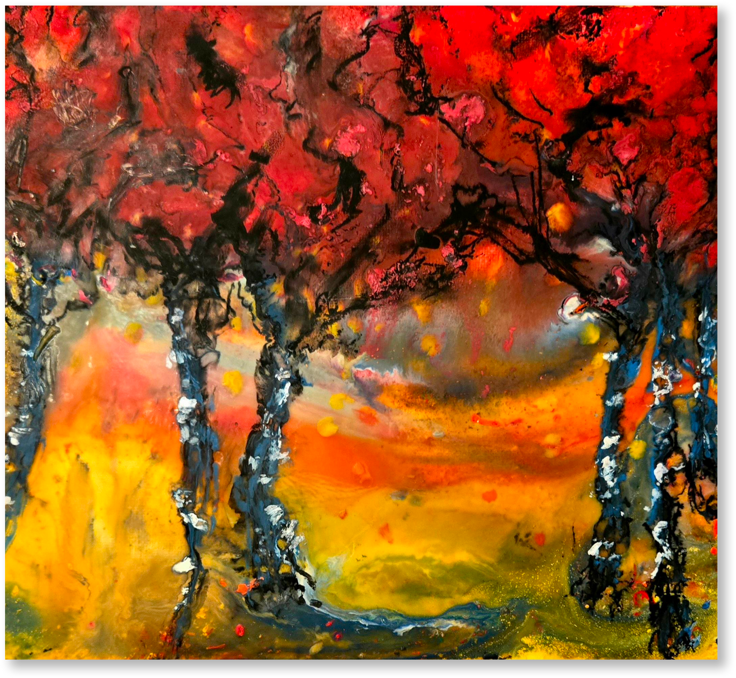 Abstract artwork with red, orange, and black colors