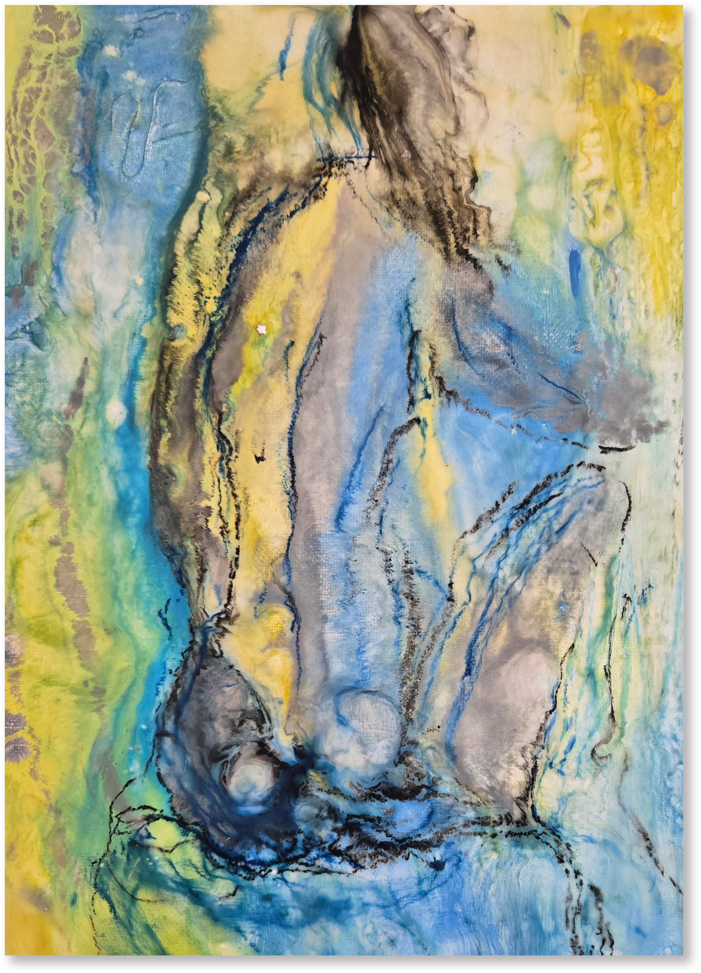 Abstract art piece with a blend of blue, yellow, and gray colors.