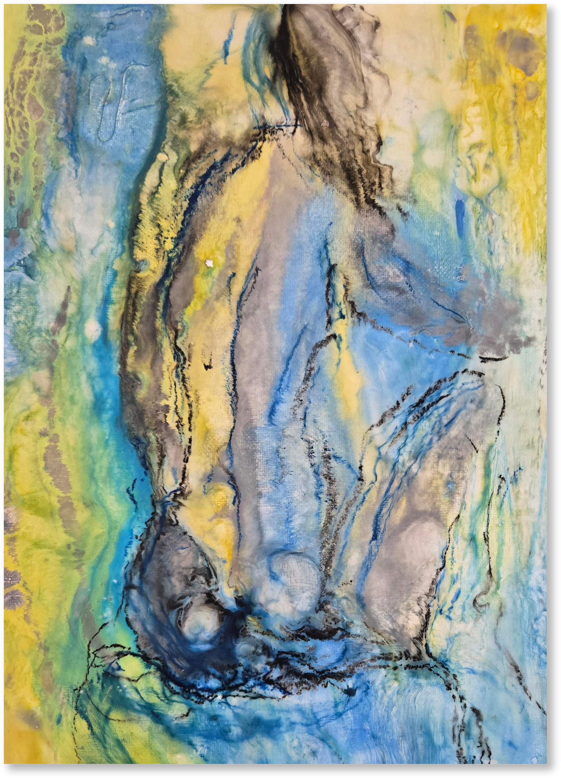 Abstract art piece with a blend of blue, yellow, and gray colors.