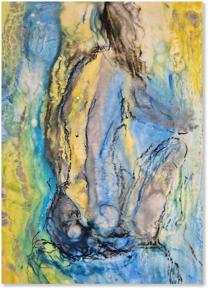 Abstract art piece with a blend of blue, yellow, and gray colors.