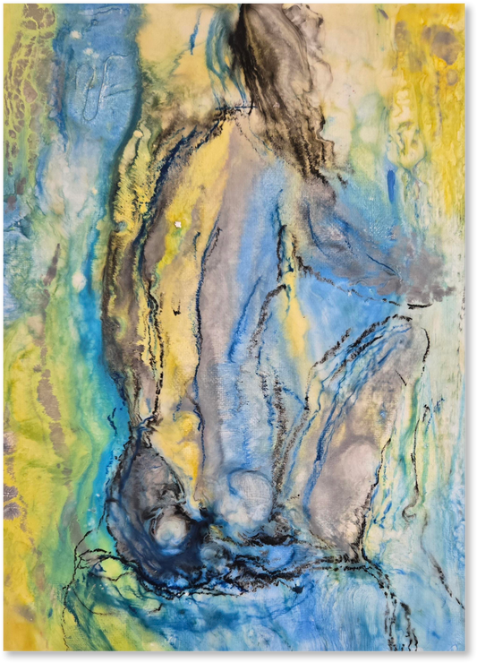 Abstract art piece with a blend of blue, yellow, and gray colors.