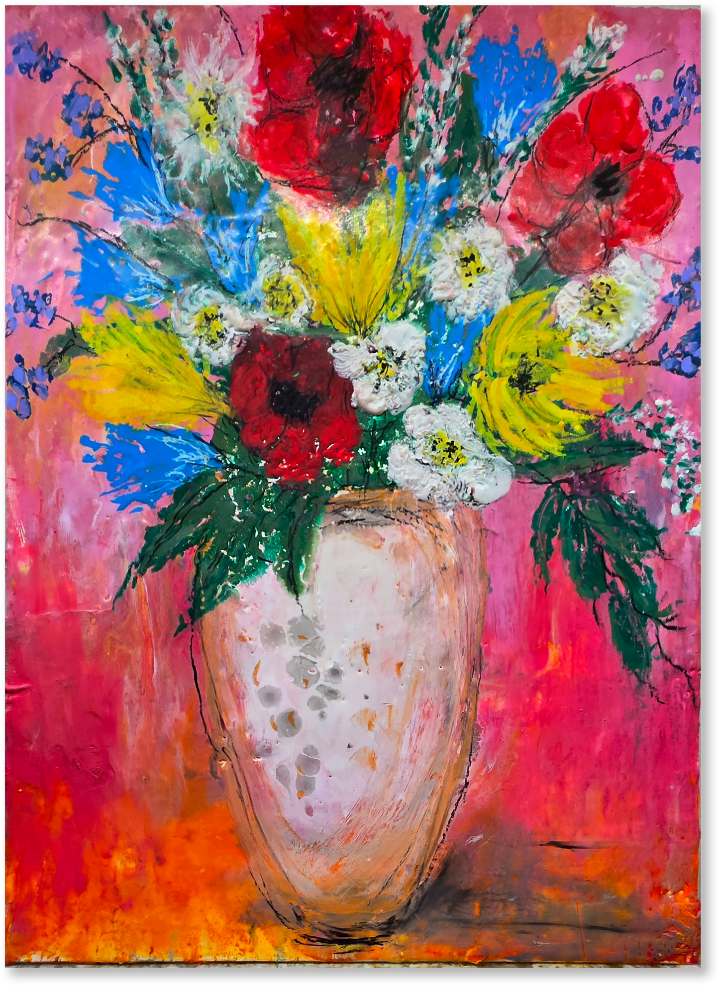 Colorful abstract painting of a vase with flowers on a pink background