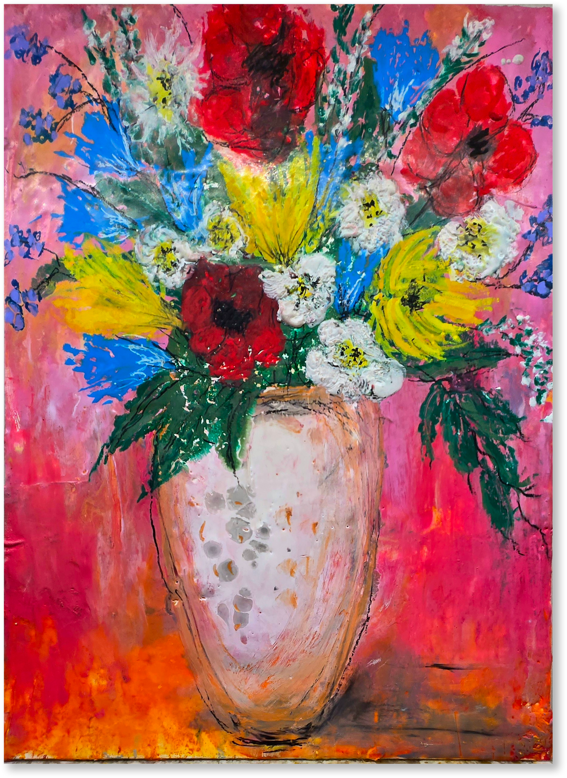 Colorful abstract painting of a vase with flowers on a pink background