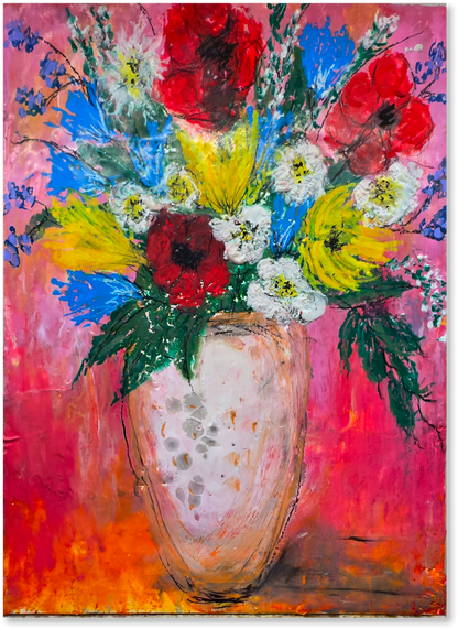 Colorful abstract painting of a vase with flowers on a pink background