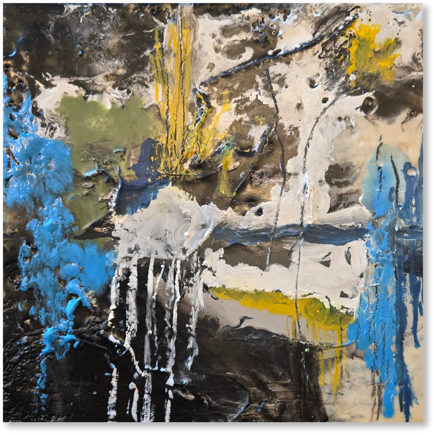 Abstract art piece with a mix of blue, yellow, and white colors on a dark background.