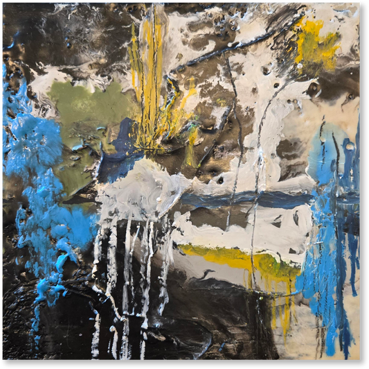 Abstract art piece with a mix of blue, yellow, and white colors on a dark background.
