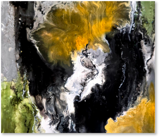 Abstract art with swirling colors of yellow, black, and white on a textured background