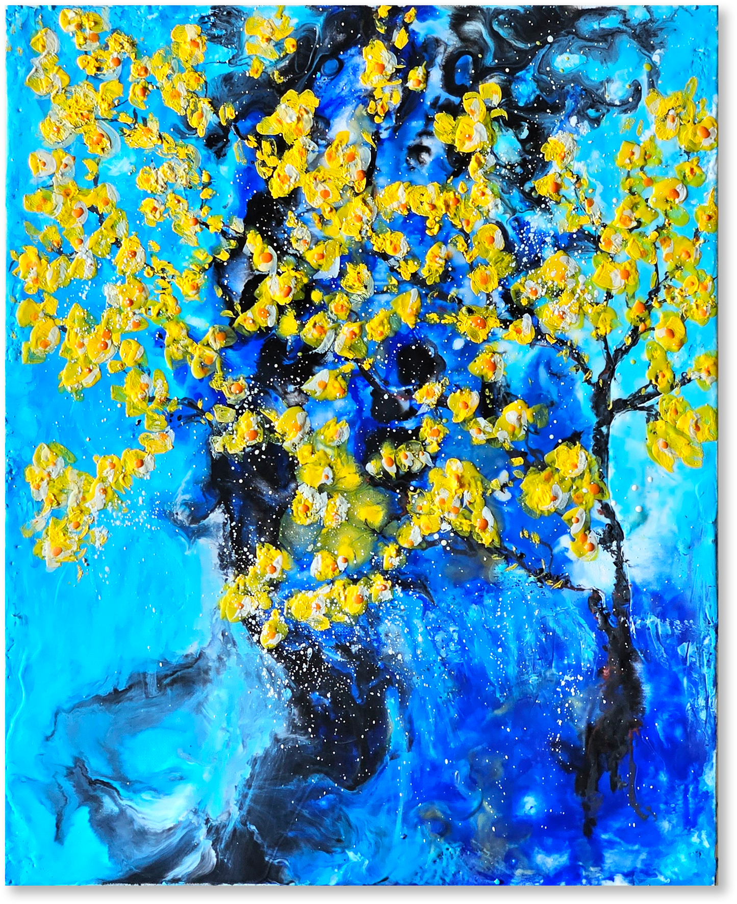 Abstract painting with yellow flowers and blue background