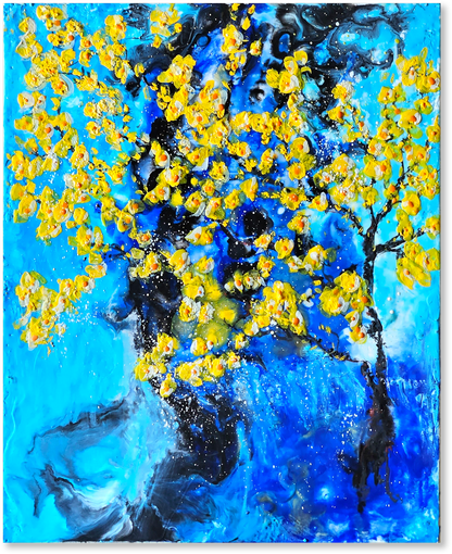 Abstract painting with yellow flowers and blue background