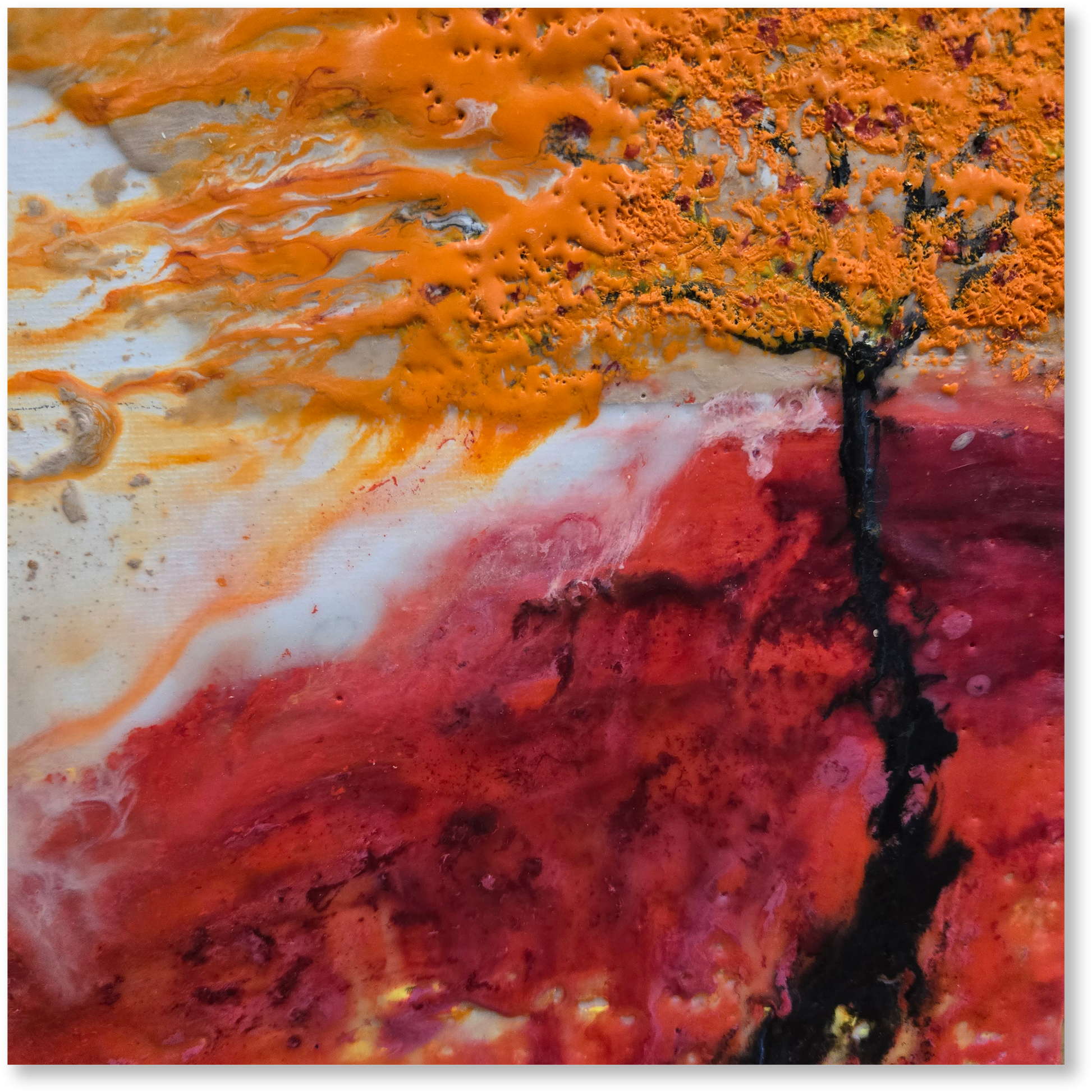 Abstract art with orange, red, and black colors on a textured surface