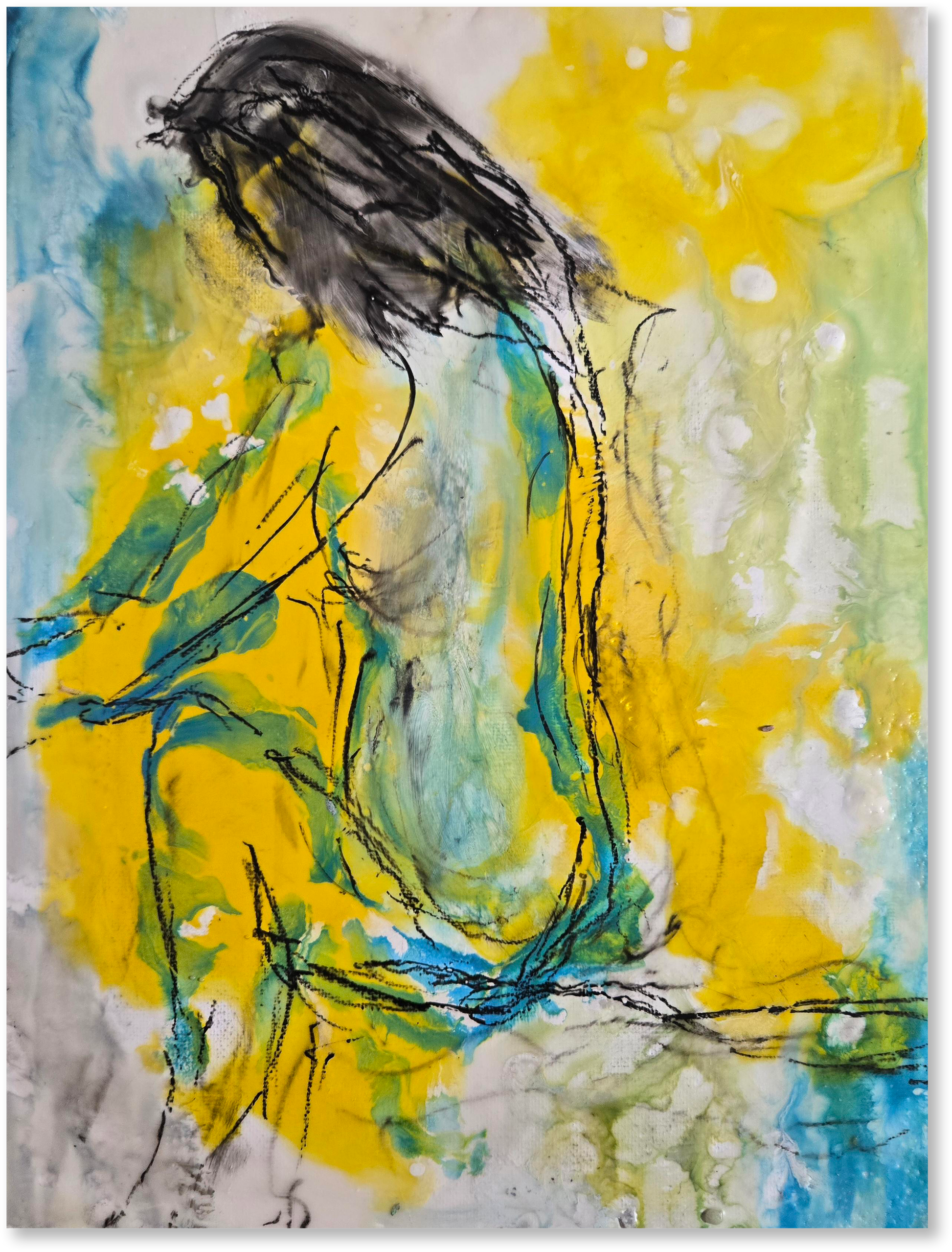 Abstract artwork with a central figure against a yellow and blue background