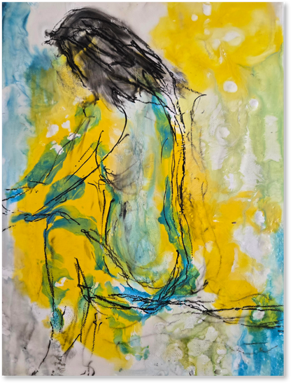 Abstract artwork with a central figure against a yellow and blue background