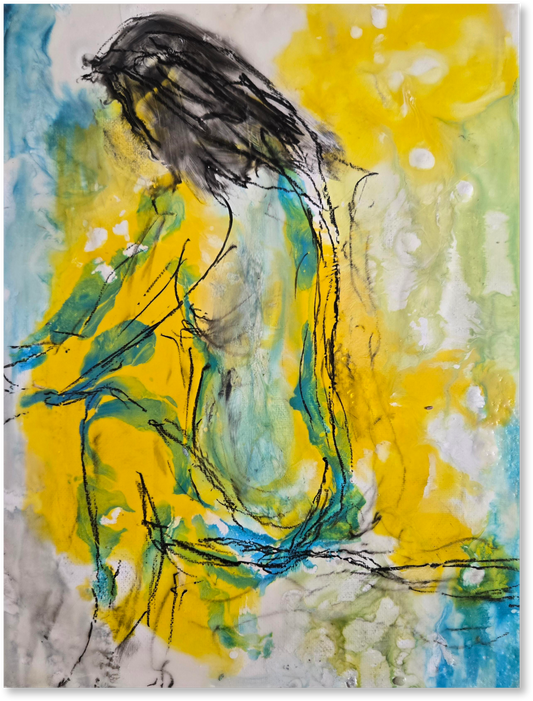 Abstract artwork with a central figure against a yellow and blue background