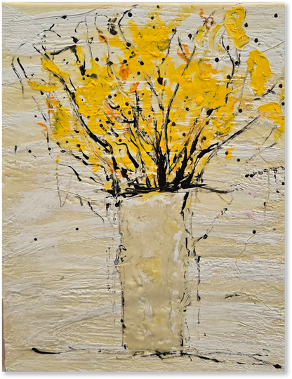 Abstract painting with yellow flowers and black branches on a textured beige background