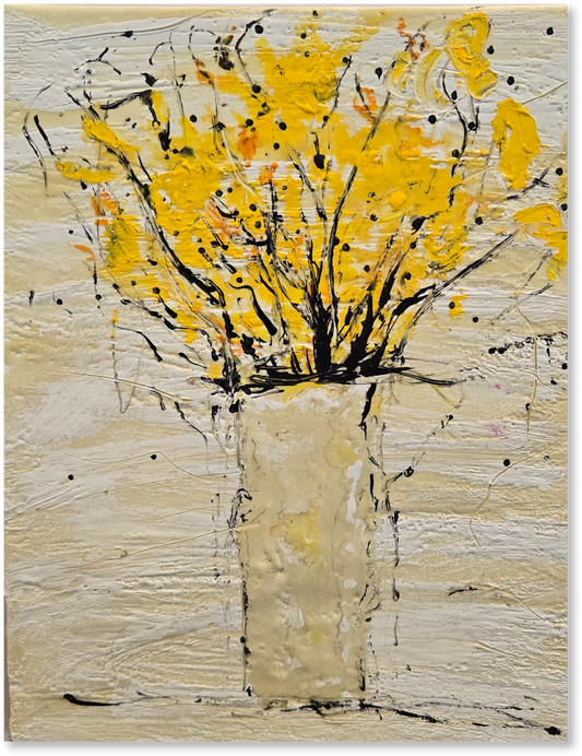 Abstract painting with yellow flowers and black branches on a textured beige background