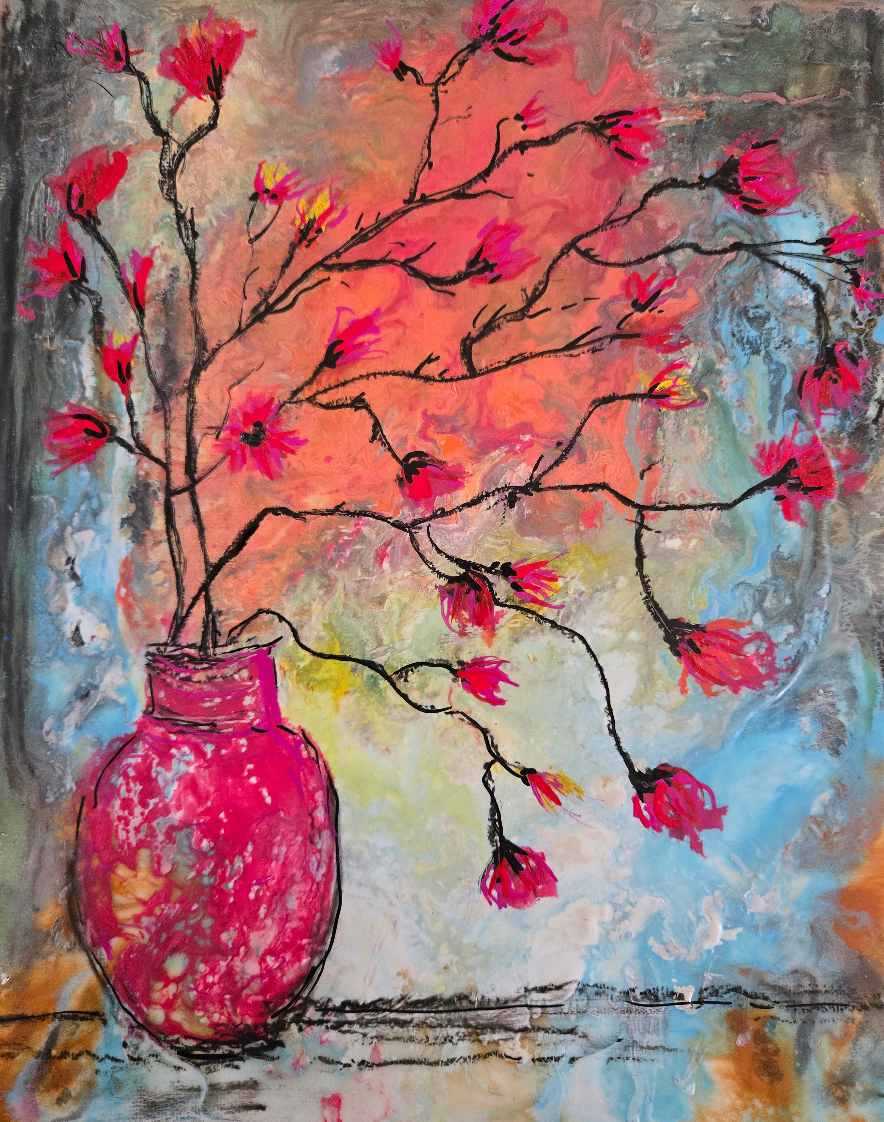 Artistic depiction of a pink vase with branches and flowers against a colorful abstract background