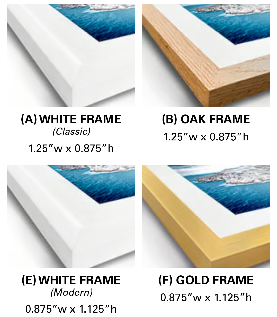 Comparison of different picture frames including white, oak, and gold frames with dimensions.