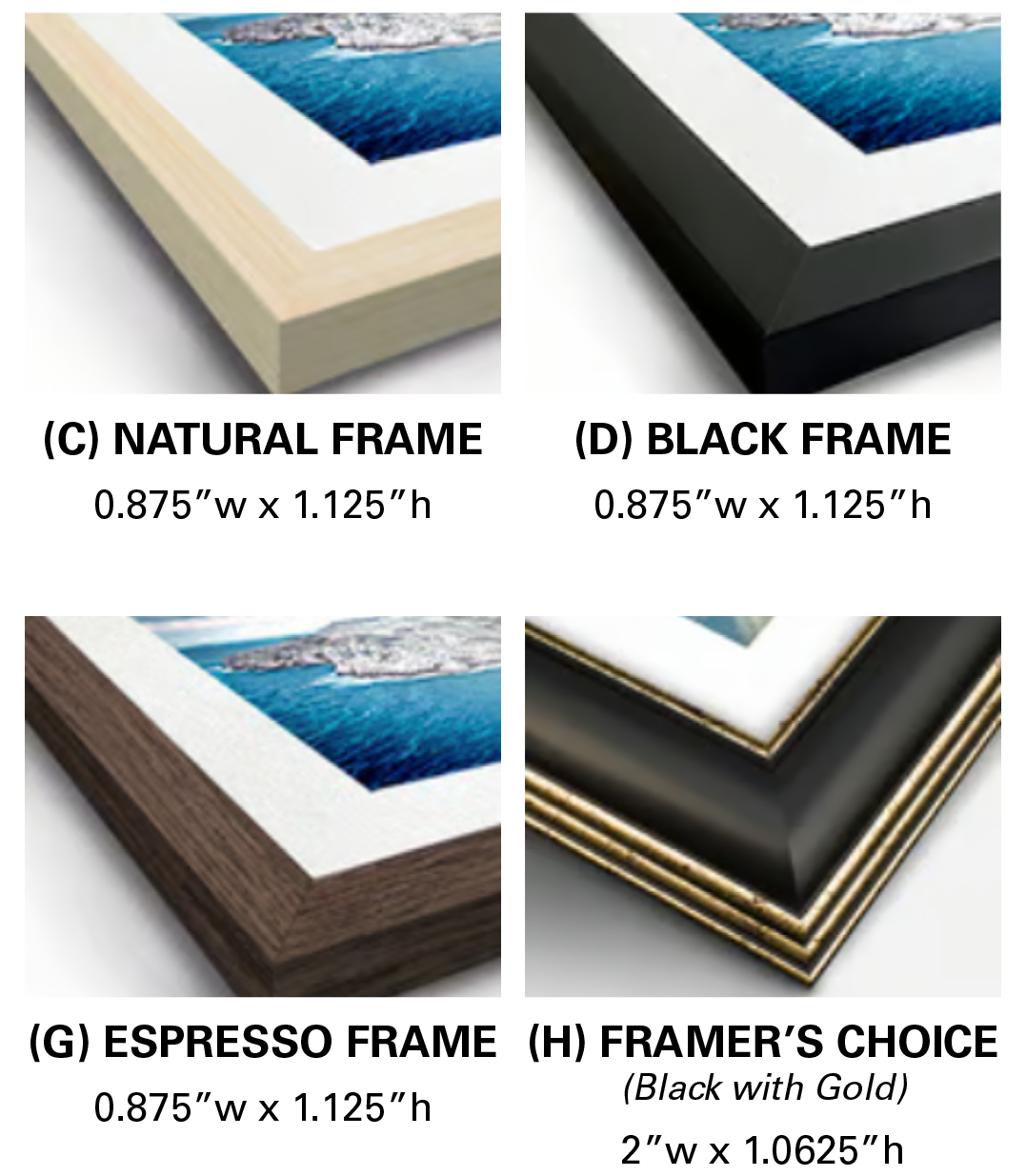 Four different frame options with dimensions displayed.